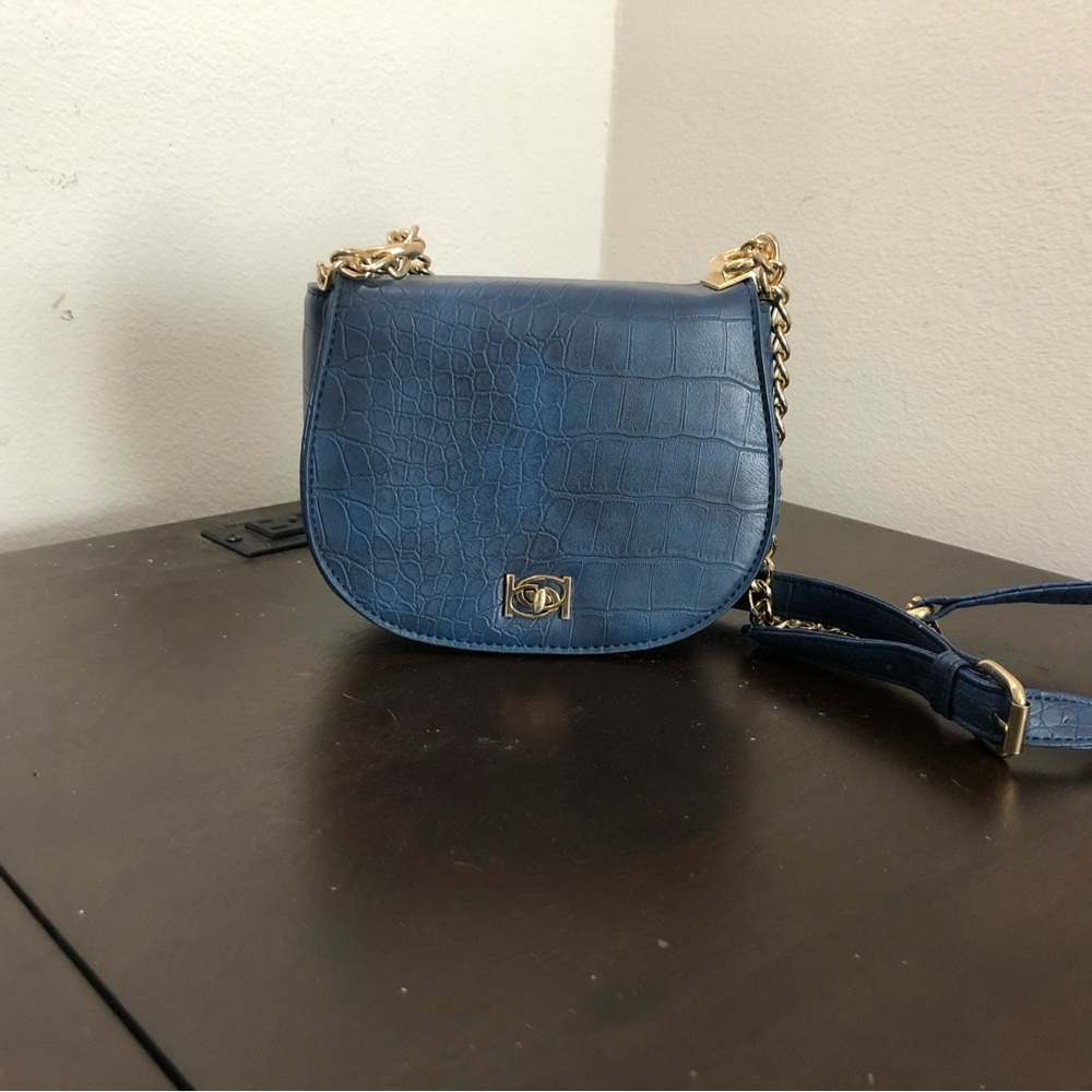 Bebe Blue and Gold Crossbody Bag with Chain Strap